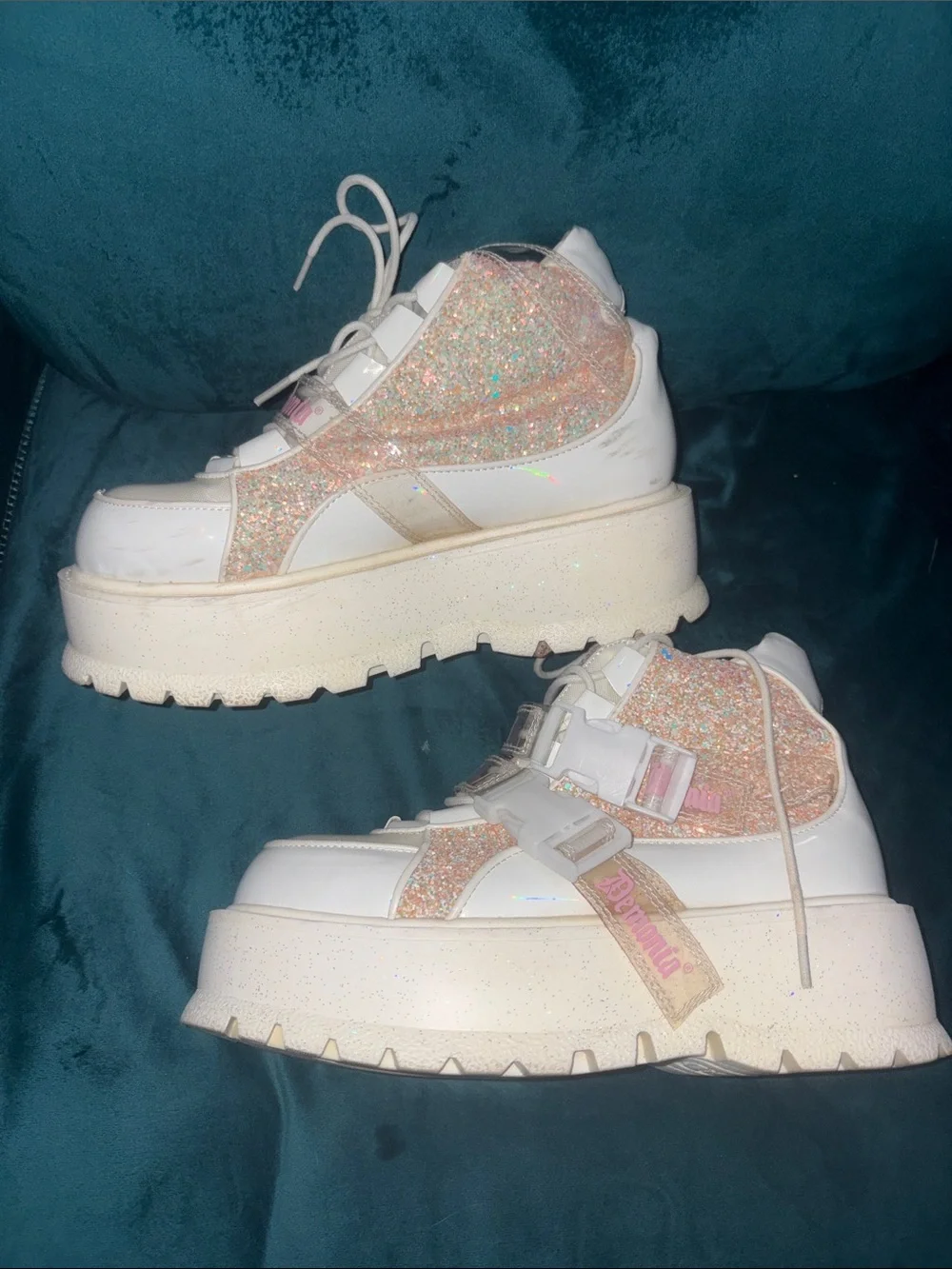 Demonia Glitter Platform Lace-Up Sneakers in Pink and White. Size 9